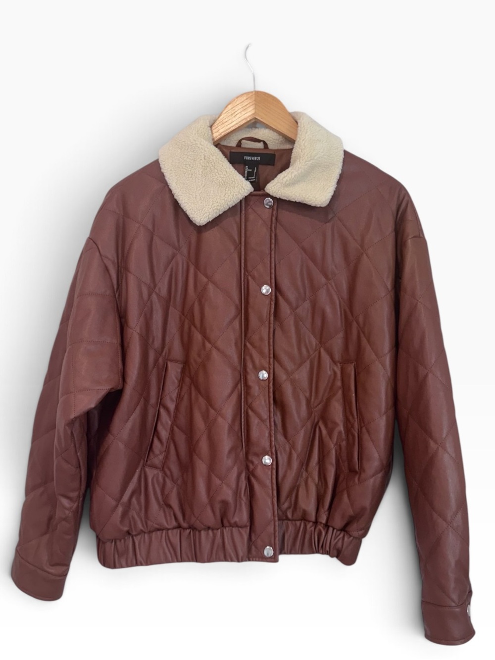 Forever 21 Brown Quilted Faux Leather Bomber Jacket with Sherpa Collar Size Larg - Picture 4 of 9